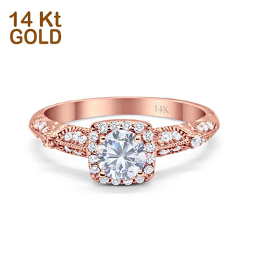 14K Rose Gold Halo Round Bridal Wedding Engagement Ring Simulated CZ Size-7